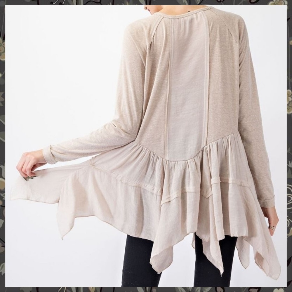 EASEL Long Sleeved Asymmetrical Ruffled Hem Lightweight Tunic Top - Picture 3 of 14